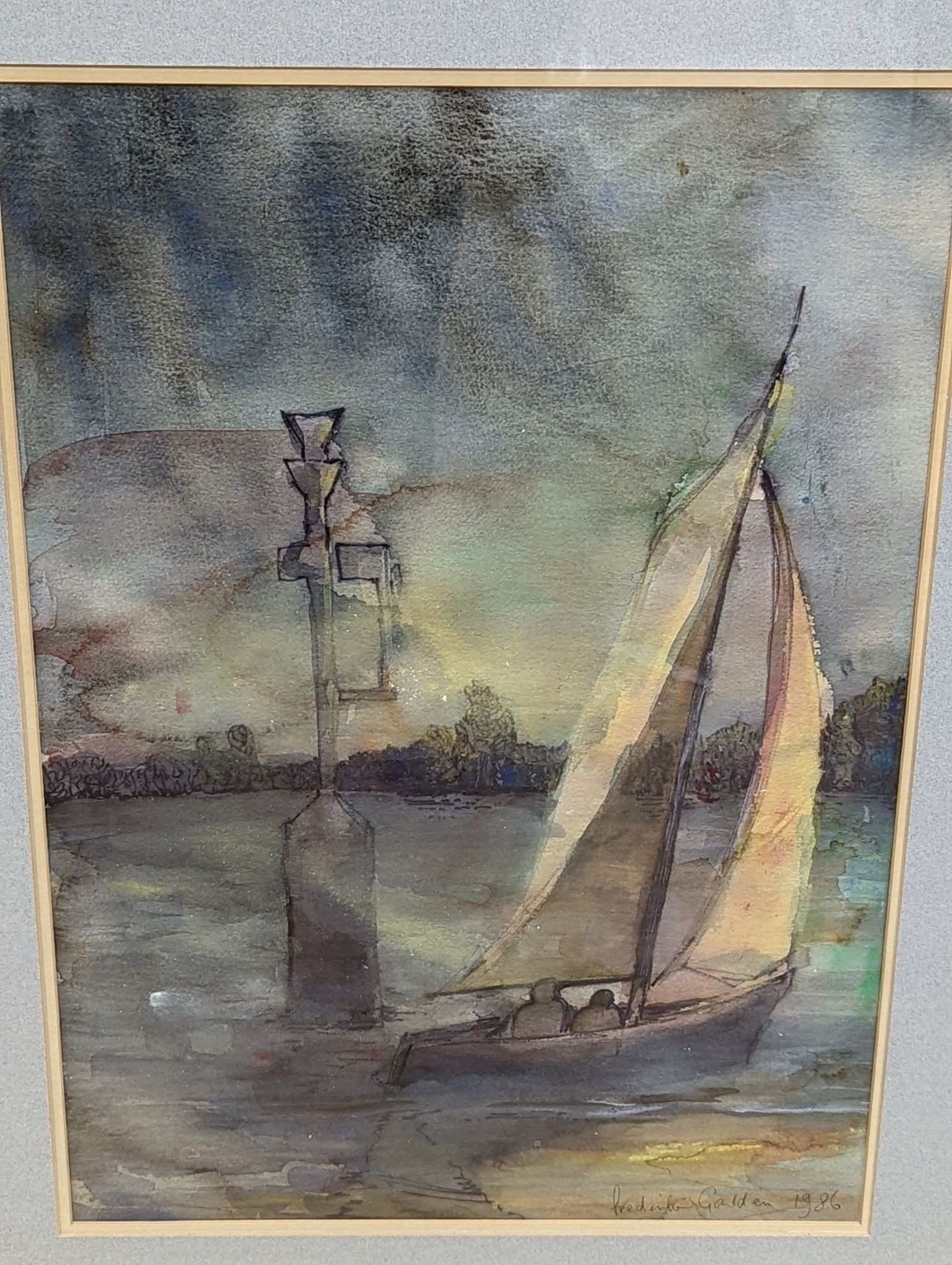 Frederick Galden, watercolour, Sailing dingy on an estuary, signed and dated 1986, 52 , x 35cm and an Elizabeth Cameron watercolour of fhisng boats, 35 x 26cm